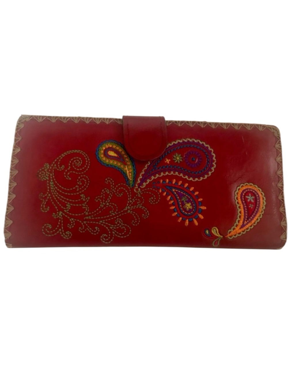 Lavishly Red Embroidered Paisley Faux Leather Clutch Wallet
